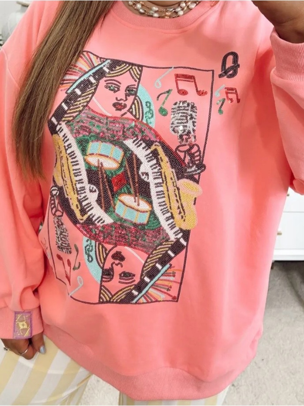 QUEEN OF SPARKLES Coral Pink Music Graphic Sweatshirt